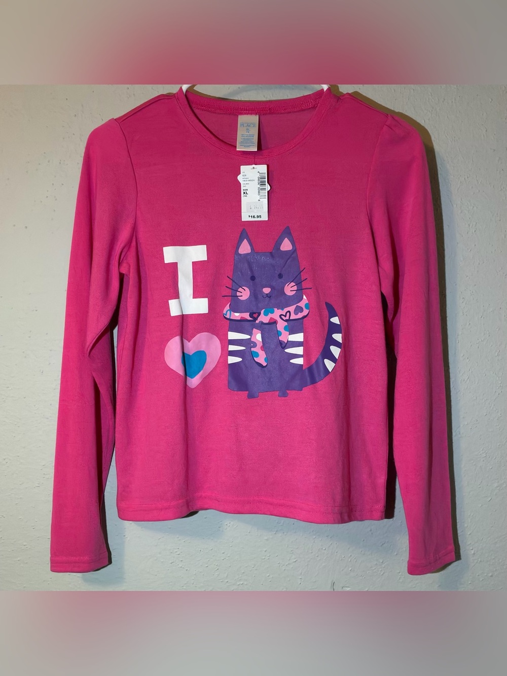 NWT The Children's Place Pink "I Heart Cats" Long Sleeve Tee - Size XL (14)